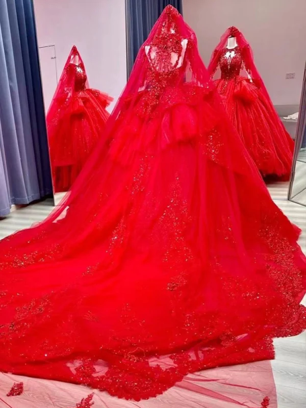 Chinese style Red Beading Sequins Lace Flower Wedding Dresses 2024 Ball Gown Scoop Neck Long Sleeve Chapel Train Wedding