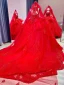 Chinese style Red Beading Sequins Lace Flower Wedding Dresses 2024 Ball Gown Scoop Neck Long Sleeve Chapel Train Wedding