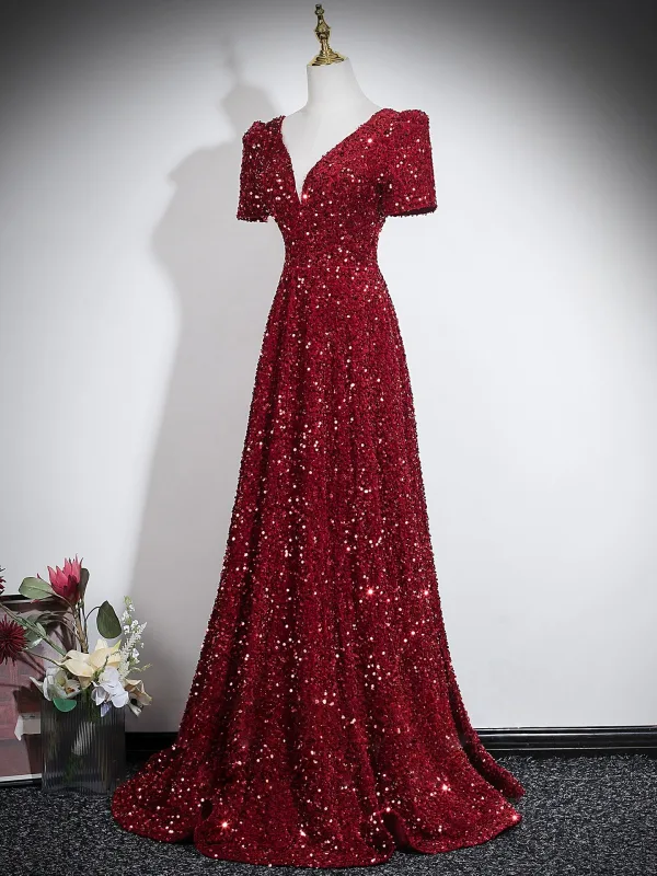 Éclatant Bordeaux Paillettes Robe De Soirée 2026 Princesse V-Cou Manches Courtes Dos Nu Longue