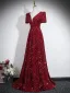 Éclatant Bordeaux Paillettes Robe De Soirée 2026 Princesse V-Cou Manches Courtes Dos Nu Longue