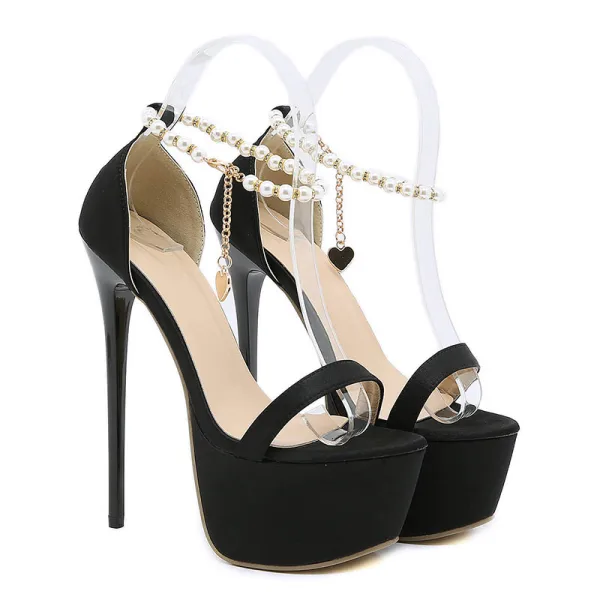 Sexy Black Cocktail Party Womens Sandals 2022 Pearl Ankle Strap 16 cm Stiletto Heels Open / Peep Toe Sandals High Heels