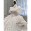 Luxury / Gorgeous Charming Ivory Beading Pearl Rhinestone Star Sequins Wedding Dresses 2022 Ball Gown High Neck Cascading Ruffles Short Sleeve Royal Train