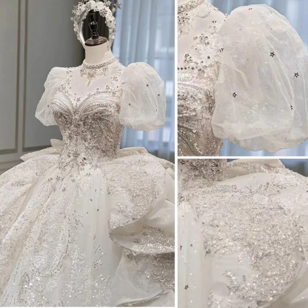 Luxury / Gorgeous Charming Ivory Beading Pearl Rhinestone Star Sequins Wedding Dresses 2022 Ball Gown High Neck Cascading Ruffles Short Sleeve Royal Train