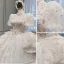 Luxury / Gorgeous Charming Ivory Beading Pearl Rhinestone Star Sequins Wedding Dresses 2022 Ball Gown High Neck Cascading Ruffles Short Sleeve Royal Train