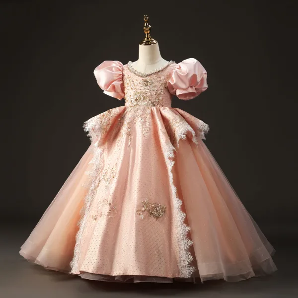 Charmant Haut de Gamme Rougissant Rose Anniversaire Robe Ceremonie Fille 2022 Robe Boule Encolure Dégagée Gonflée Dos Nu Manches Courtes Perlage Perle Faux Diamant Paillettes Longue Robe Ceremonie Fille