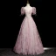 Bling Bling Sky Blue Ruffle Beading Prom Dresses 2023 A-Line / Princess Square Neckline Short Sleeve Backless Floor-Length / Long Prom Formal Dresses