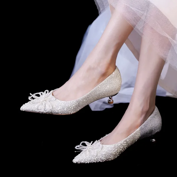 Bling Bling Champagne Perlage Paillettes Chaussure De Mariée 2023 Cuir 3 cm Talons Aiguilles Talon Bas À Bout Pointu Mariage Escarpins Talons Hauts