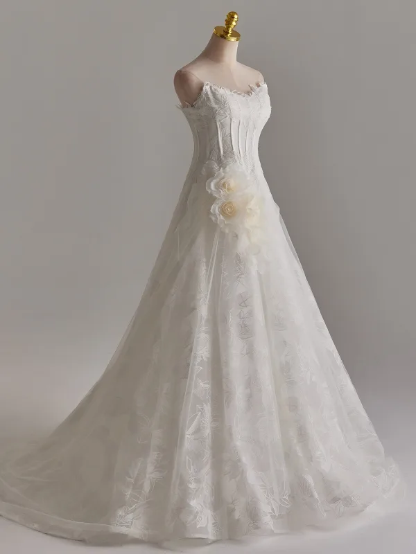 Elegante Leichtes Weiß Spitze Blumen Applikationen Brautkleider / Hochzeitskleider 2025 A Linie Bandeau Ärmellos Rückenfreies Sweep / Pinsel Zug Hochzeit