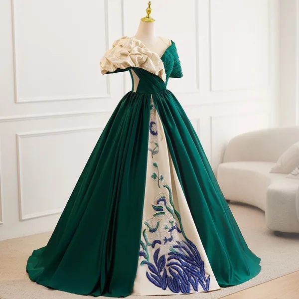 Vintage / Retro Dark Green Beading Lace Flower Prom Dresses 2025 Ball Gown Scoop Neck Short Sleeve Backless Floor-Length / Long Formal Dresses