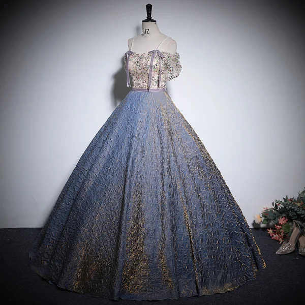 Elegant Sky Blue Beading Rhinestone Sequins Prom Dresses 2024 Ball Gown Off-The-Shoulder Short Sleeve Backless Floor-Length / Long Prom Formal Dresses