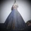 Elegant Sky Blue Beading Rhinestone Sequins Prom Dresses 2024 Ball Gown Off-The-Shoulder Short Sleeve Backless Floor-Length / Long Prom Formal Dresses
