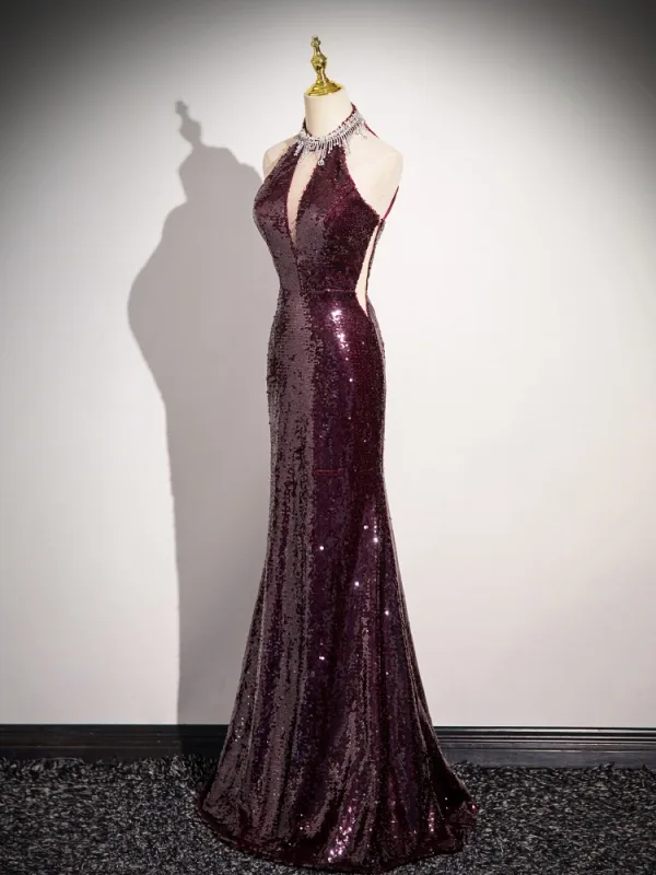 Scintillantes Sexy Bordeaux Faux Diamant Paillettes Robe De Bal Robe De Soirée 2024 Trompette / Sirène Titulaire Sans Manches Dos Nu Longue Promo Robe De Ceremonie