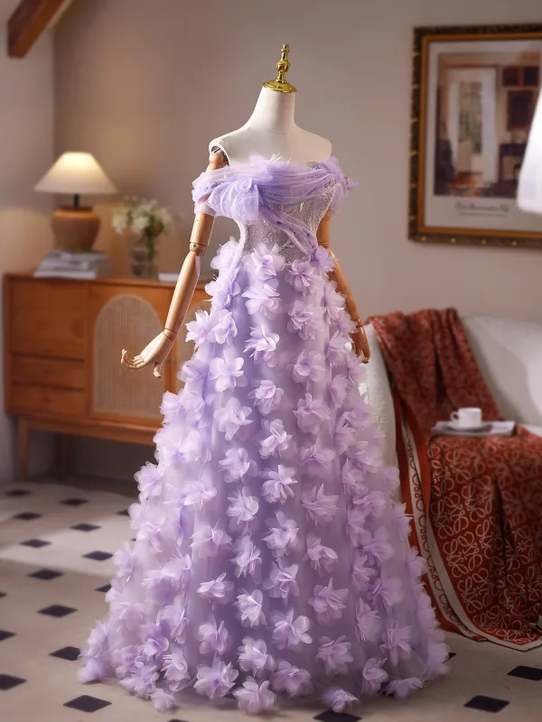 Flower Fairy Lavender Beading Appliques Sequins Prom Dresses 2025 A-Line / Princess Off-The-Shoulder Short Sleeve Backless Floor-Length / Long Formal Dresses