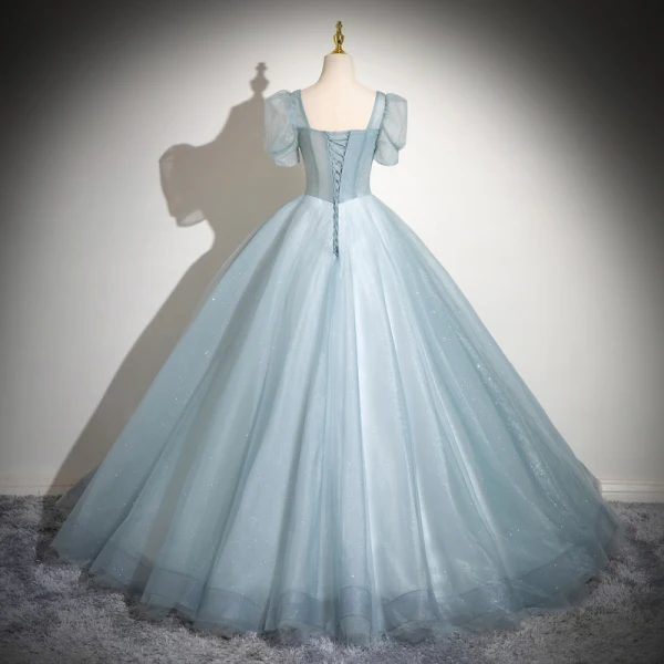 Elegant Sky Blue Beading Prom Dresses 2024 Ball Gown Square Neckline Short Sleeve Backless Floor-Length / Long Prom Formal Dresses