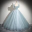 Elegant Sky Blue Beading Prom Dresses 2024 Ball Gown Square Neckline Short Sleeve Backless Floor-Length / Long Prom Formal Dresses