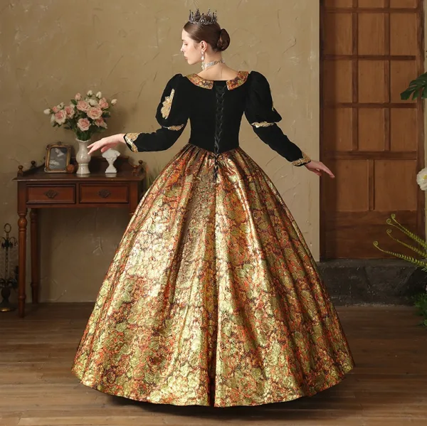Medieval Gothic Black Gold Lace Flower Sequins Prom Dresses 2024 Ball Gown Square 3/4 Medieval Gothic Black Gold Lace Flower Sequins Prom Dresses 2024 Ball Gown Square 3/4