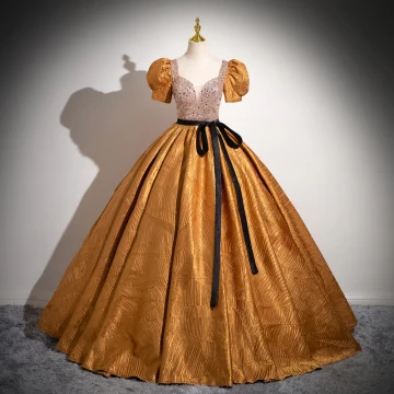 Elegant Gold Beading Sequins Prom Dresses 2024 Ball Gown Square Neckline Puffy Short Sleeve Backless Bow Sash Floor Length Long Prom Formal Dresses