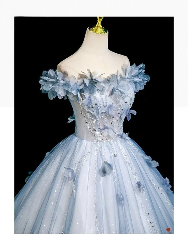 Bling Bling Sky Blue Beading Appliques Sequins Prom Dresses 2025 Ball Gown Off-The-Shoulder Short Sleeve Backless Floor-Length / Long Formal Dresses