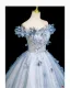 Bling Bling Sky Blue Beading Appliques Sequins Prom Dresses 2025 Ball Gown Off-The-Shoulder Short Sleeve Backless Floor-Length / Long Formal Dresses