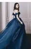 Elegant Ocean Blue Ball Gown Prom Dresses 2026 Off-The-Shoulder Sleeveless Backless Sweep Train Formal Dresses
