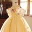 Lovely Yellow Bow Appliques Birthday Flower Girl Dresses 2025 Ball Gown Scoop Neck Short Sleeve Backless Floor-Length / Long Tulle