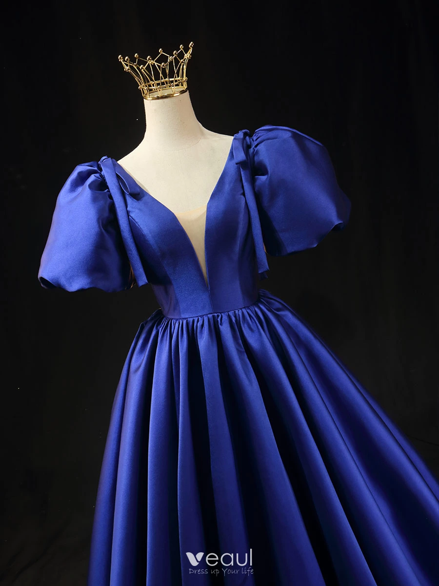 Vintage / Retro Royal Blue Prom Dresses 2024 Ball Gown V-Neck Puffy Short  Sleeve Backless Floor-Length / Long Prom Formal Dresses