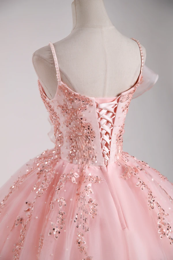 Lovely Blushing Pink Beading Sequins Prom Dresses 2023 Ball Gown Pearl Spaghetti Straps Sleeveless Backless Floor-Length / Long Prom Formal Dresses