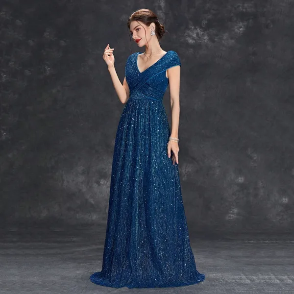 Sparkly Navy Blue Sequins Evening Dresses 2025 A-Line / Princess V-Neck Sleeveless Floor-Length / Long Evening Party Formal Dresses Sparkly Navy Blue Sequins Evening Dresses 2025 A-Line / Princess V-Neck Sleeveless Floor-Length / Long Evening Party Formal Dresses