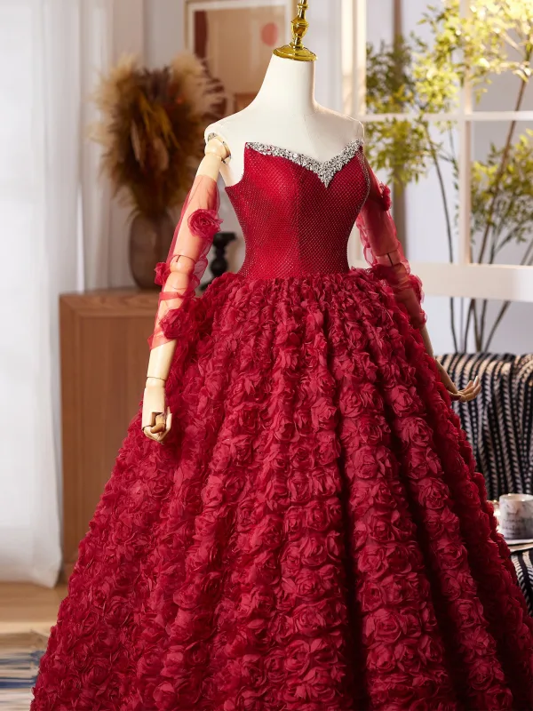Blumenfee Burgunderrot Strass Applikationen Ballkleider 2025 Ballkleid Bandeau Ärmellos Lange Festliche Kleider