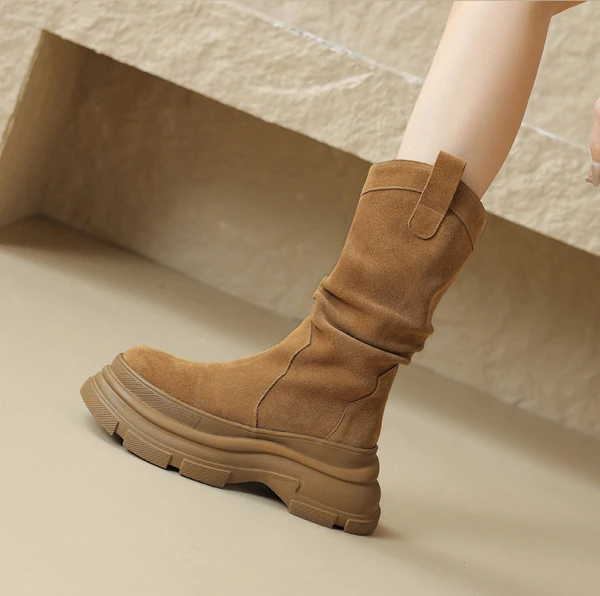 Vintage Brun Suede Gateklær Vinter Boots Dame 2024 Lær 8 cm Kilehæl Spisse Boots