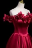 Elegant Burgundy Appliques Satin Prom Dresses 2024 A-Line / Princess Off-The-Shoulder Sleeveless Backless Floor-Length / Long Prom Formal Dresses