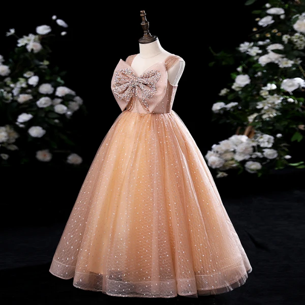 Fashion Champagne Birthday Flower Girl Dresses 2022 A-Line / Princess Square Neckline Sleeveless Backless Pearl Rhinestone Sequins Bow Floor-Length / Long Flower Girl Dresses