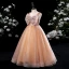 Chic / Belle Champagne Perlage Faux Diamant Paillettes Robe Ceremonie Fille 2024 Robe Boule Anniversaire Encolure Carrée Noeud Sans Manches Dos Nu Longue