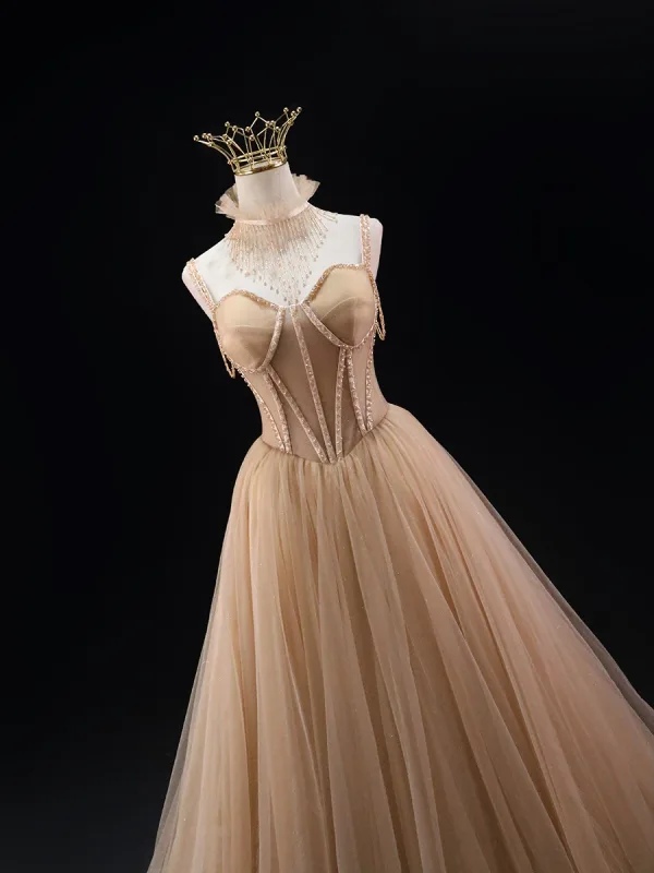 Charming Khaki Beading Prom Dresses 2024 Ball Gown High Neck Sleeveless Backless Sweep Train Prom Formal Dresses