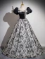 Vintage / Retro Black Printing Prom Dresses 2024 Ball Gown Square Neckline Bow Puffy Short Sleeve Backless Floor-Length / Long Prom Formal Dresses