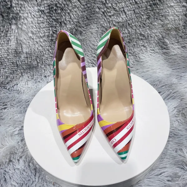 Unusual Multi-Colors Stripe Prom Pumps 2023 Patent Leather 12 cm Stiletto Heels Pointed Toe Pumps High Heels