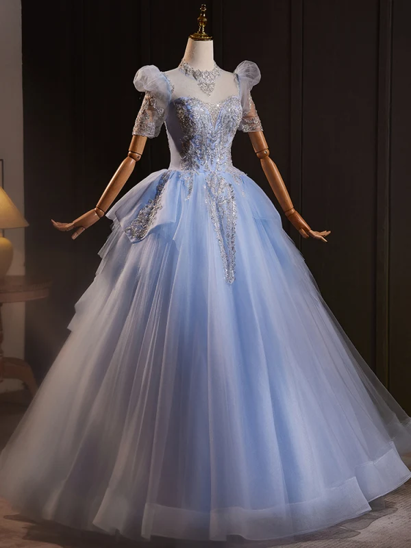Elegant Sky Blue Beading Pearl Sequins Prom Dresses 2024 Ball Gown Scoop Neck Short Sleeve Backless Floor-Length / Long Prom Formal Dresses