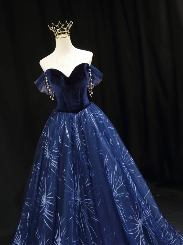 Mode Marineblau Glanz Wildleder Ballkleider 2022 A Linie Off Shoulder Perle Kurze Ärmel Rückenfreies Lange Festliche Kleider