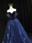 Mode Marineblau Glanz Wildleder Ballkleider 2022 A Linie Off Shoulder Perle Kurze Ärmel Rückenfreies Lange Festliche Kleider