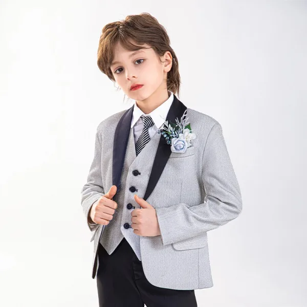 Gris Manches Longues Mariage Costume Garçon Mariage 2025 Bijoux De Corps Manteau Pantalon Chemise Cravate Gilet