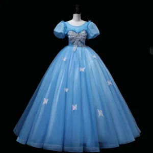 Chic Beautiful Pool Blue Beading Pearl Rhinestone Prom Dresses 2022 Ball Gown Scoop Neck Sequins Butterfly Puffy Short Sleeve Backless Floor Length Long Prom