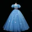 Chic / Beautiful Pool Blue Beading Pearl Rhinestone Prom Dresses 2022 Ball Gown Scoop Neck Sequins Butterfly Puffy Short Sleeve Backless Floor-Length / Long Prom