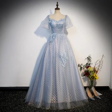 Elegante Hemelsblauw Kralen Pailletten Kant Bloem Galajurken 2023 Baljurk Vierkante Halslijn Bell Mouwen Ruglooze Lange Gala Gelegenheid Jurken