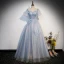 Elegant Sky Blue Beading Sequins Lace Flower Prom Dresses 2023 Ball Gown Square Neckline Bell sleeves Backless Floor-Length / Long Prom Formal Dresses