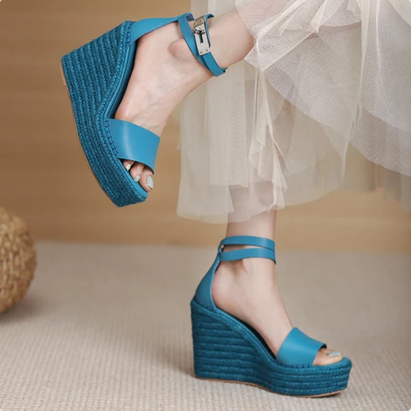 Chic / Beautiful Orange Street Wear Braid Womens Sandals 2022 Ankle Strap 12 cm Wedges Open / Peep Toe Sandals High Heels