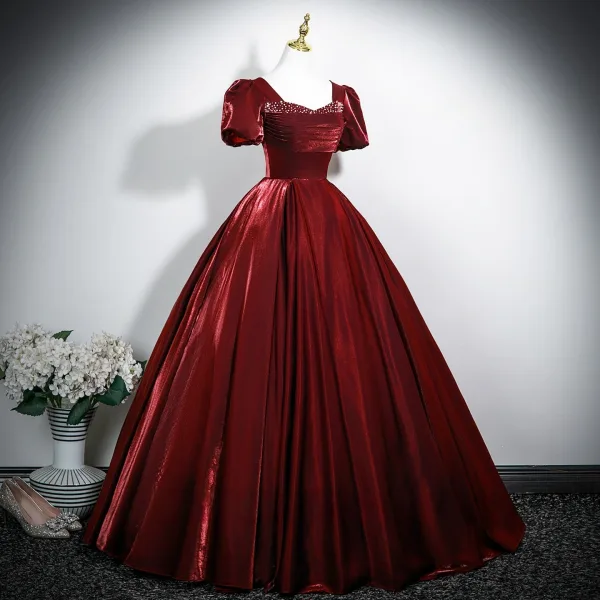 Vintage / Retro Burgundy Beading Velvet Prom Dresses 2025 Ball Gown Square Neckline Short Sleeve Backless Floor-Length / Long Formal Dresses