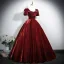 Vintage / Retro Burgundy Beading Velvet Prom Dresses 2025 Ball Gown Square Neckline Short Sleeve Backless Floor-Length / Long Formal Dresses