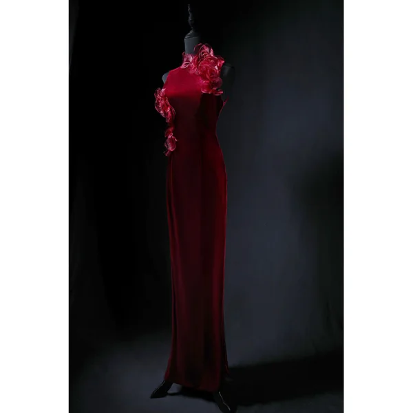 Vintage / Retro Burgundy Appliques Velvet Prom Dresses 2024 Trumpet / Mermaid High Neck Sleeveless Backless Floor-Length / Long Prom Formal Dresses
