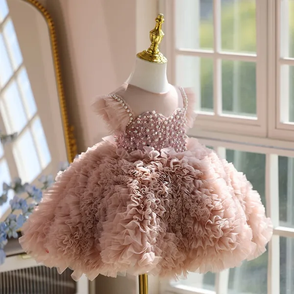 Schöne Rosa Perlenstickerei Perle Pailletten Plissee Kurze Geburtstag Blumenmädchenkleider 2025 Ballkleid Rundhalsausschnitt Ärmellos