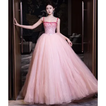 Chic Belle Rougissant Rose Perlage Paillettes Robe De Bal 2024 Robe Boule Bretelles Spaghetti Sans Manches Dos Nu Longue Promo Robe De Ceremonie